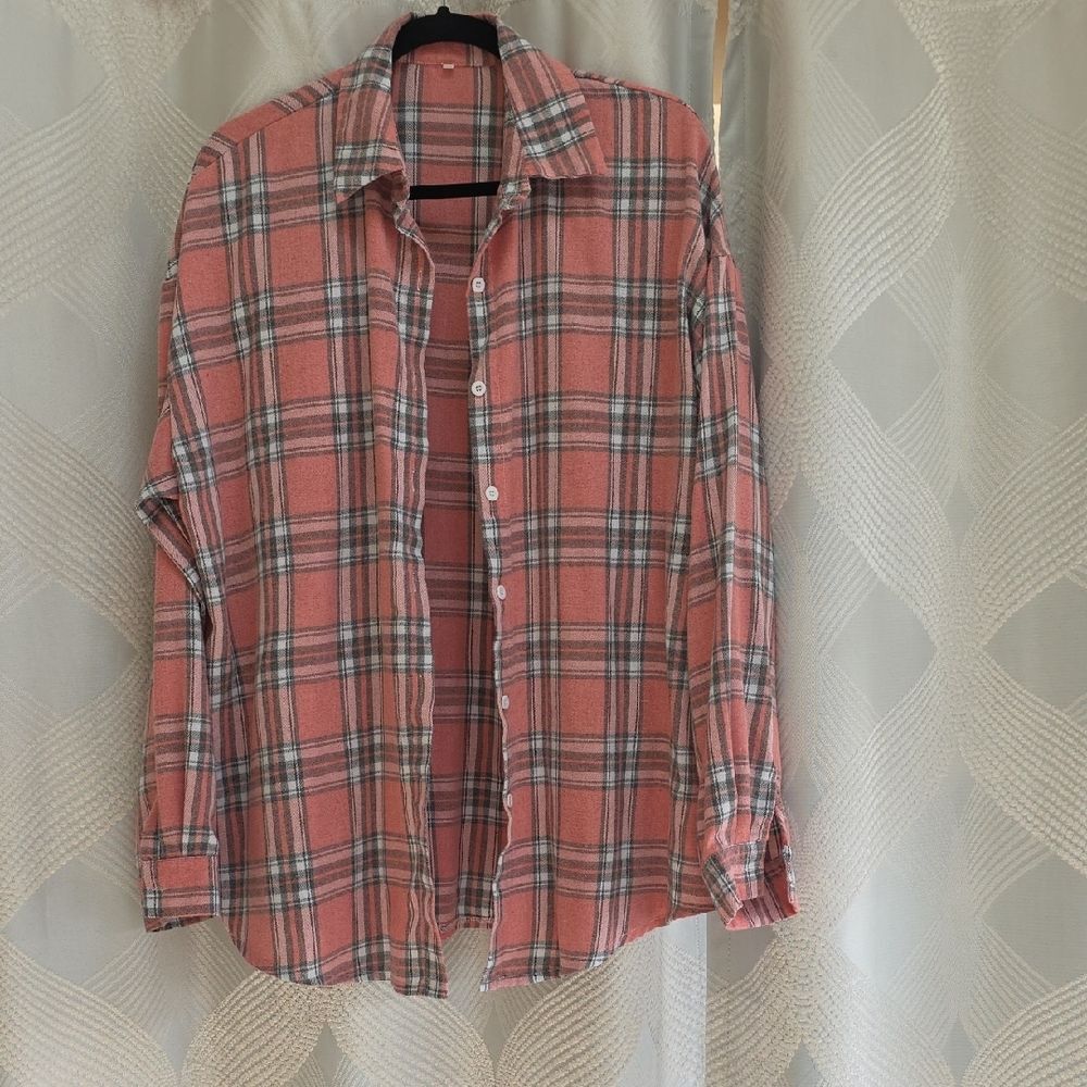 Women's Plaid Button-Down Shirt - Pink and Gray